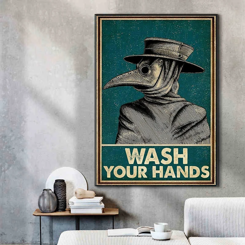 Plague Doctor Wash Your Hand Bathroom Poster Canvas Painting Retro Public Health Wall Art For Toilet Office Room Home Decoration