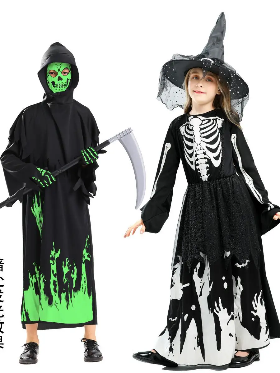 أزياء الأطفال التأثيرية المتوهجة لمرحلة الأداء الساحرة الهيكل العظمي شبح الشيطان loween Par eup الزي الجنية T موضوع