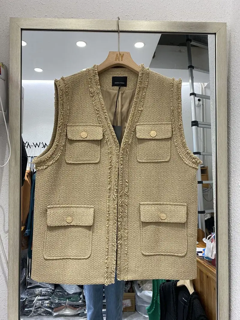 Fragrant Tweed Vest Coat Women 2022 Autumn New V-Neck Female Green Black Khaki Waistcoat