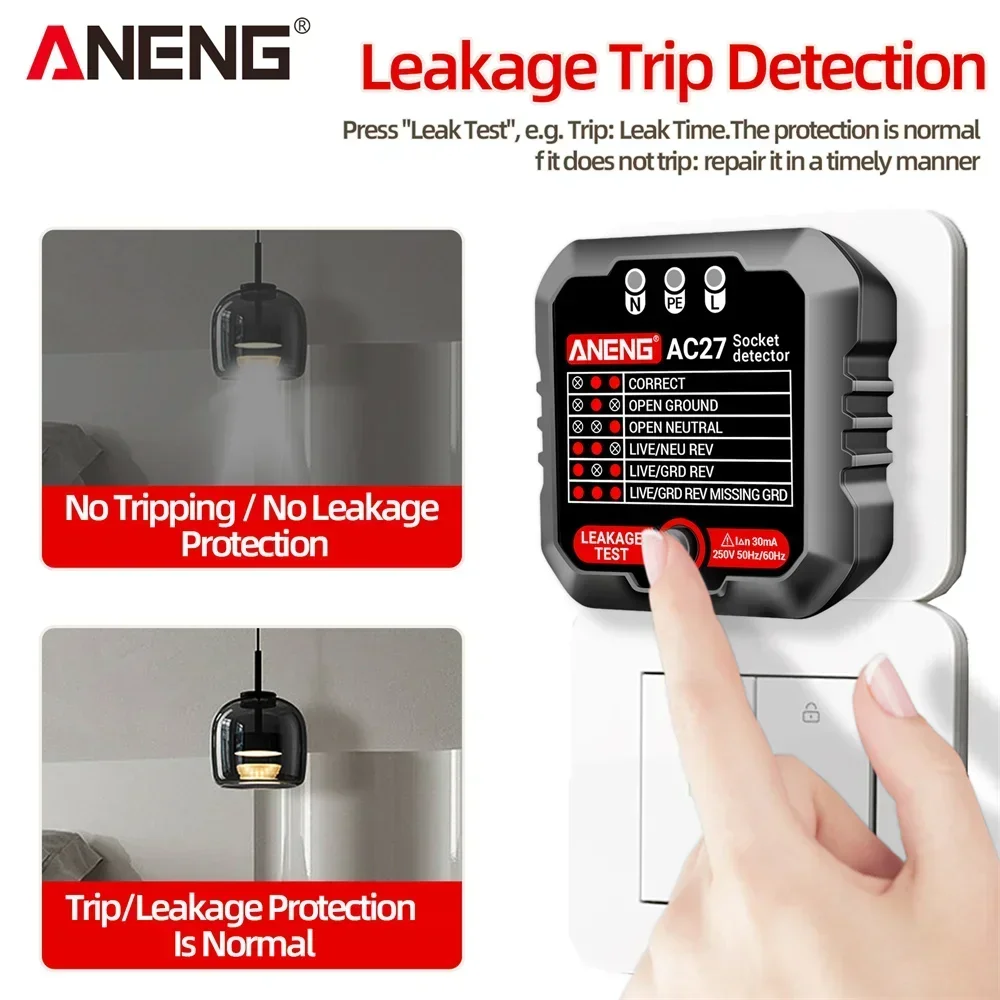 ANENG AC27 Socket Tester Voltage Test Socket Detector Ground Zero Line Polarity Phase Check Tool Circuit Checker EU/US Plug