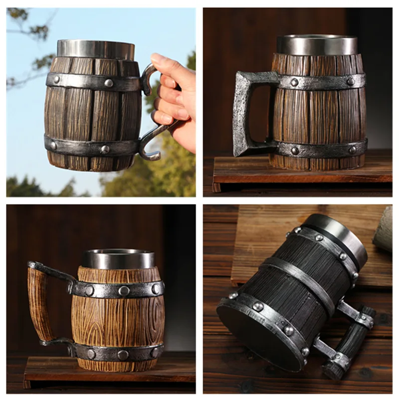 Viking Wood Style Beer Mug Christmas Gift Simulation Wooden Barrel Beer Cup Double Wall Drinking Mug Metal Bar Drinkware