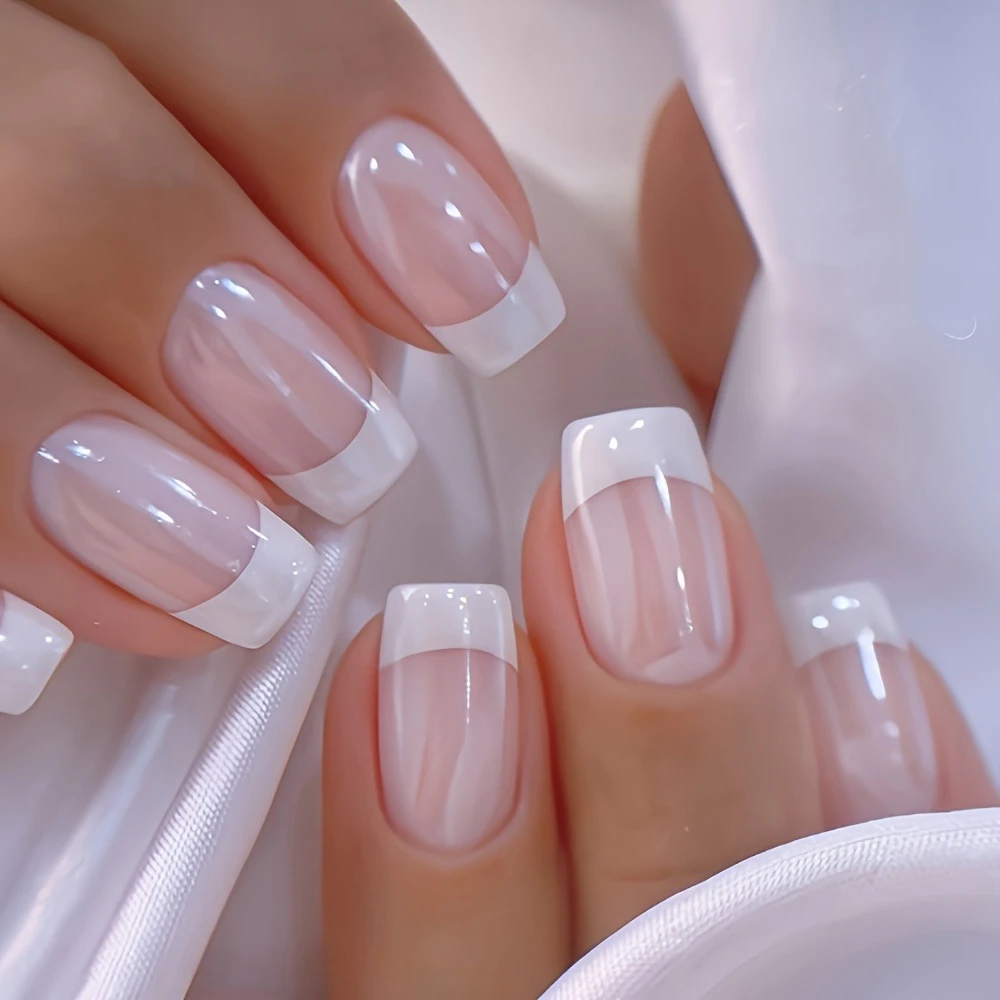 Juego de 24 uñas postizas con punta francesa, color nude, blanco y rosa, brillantes, con pegamento de gel y lima de uñas para mujer