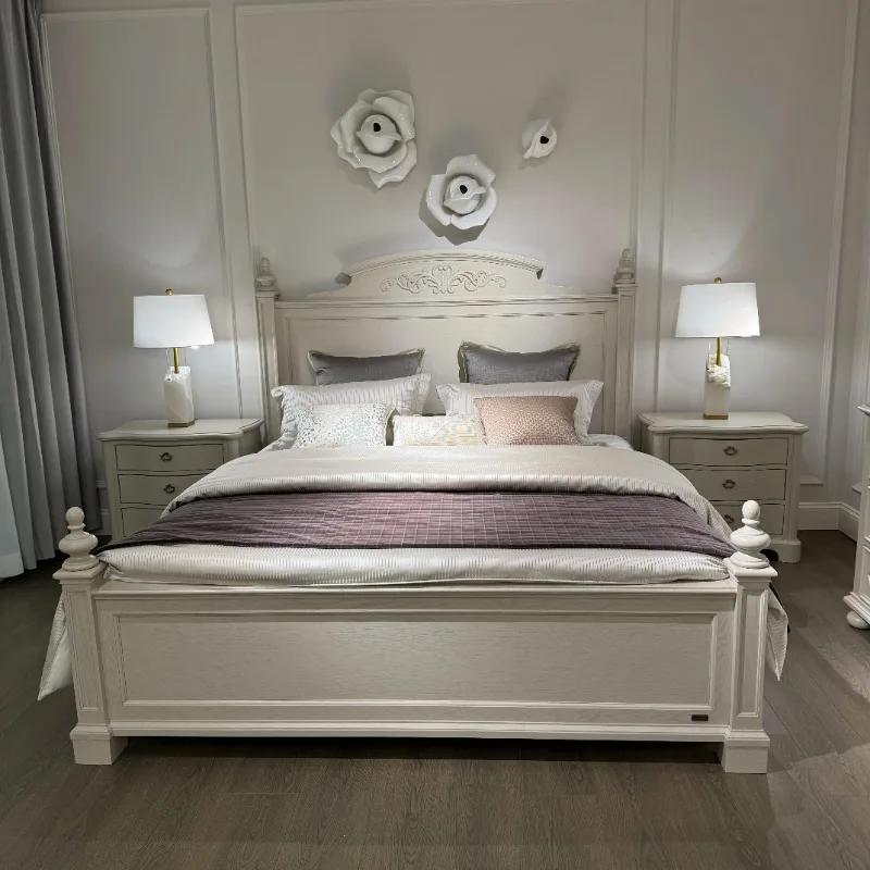 تصميم سرير مزدوج باللون البيج، تصميم بسيط ياباني بحجم كينغ، سرير مزدوج قابل للطي، أثاث منزلي حديث كاما زوجي