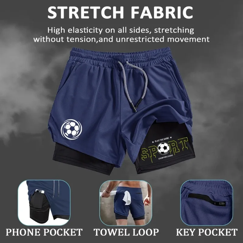 Cycling for Men's 2-in-1 Sports Shorts Comfortable Elastic Fitness Training Drawstring with Towel Loop Fashion and Phone Pocket