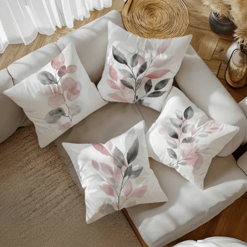 Set of Four Throw Pillow Covers with Watercolor Botanical Leaf Design for Living Room Decor