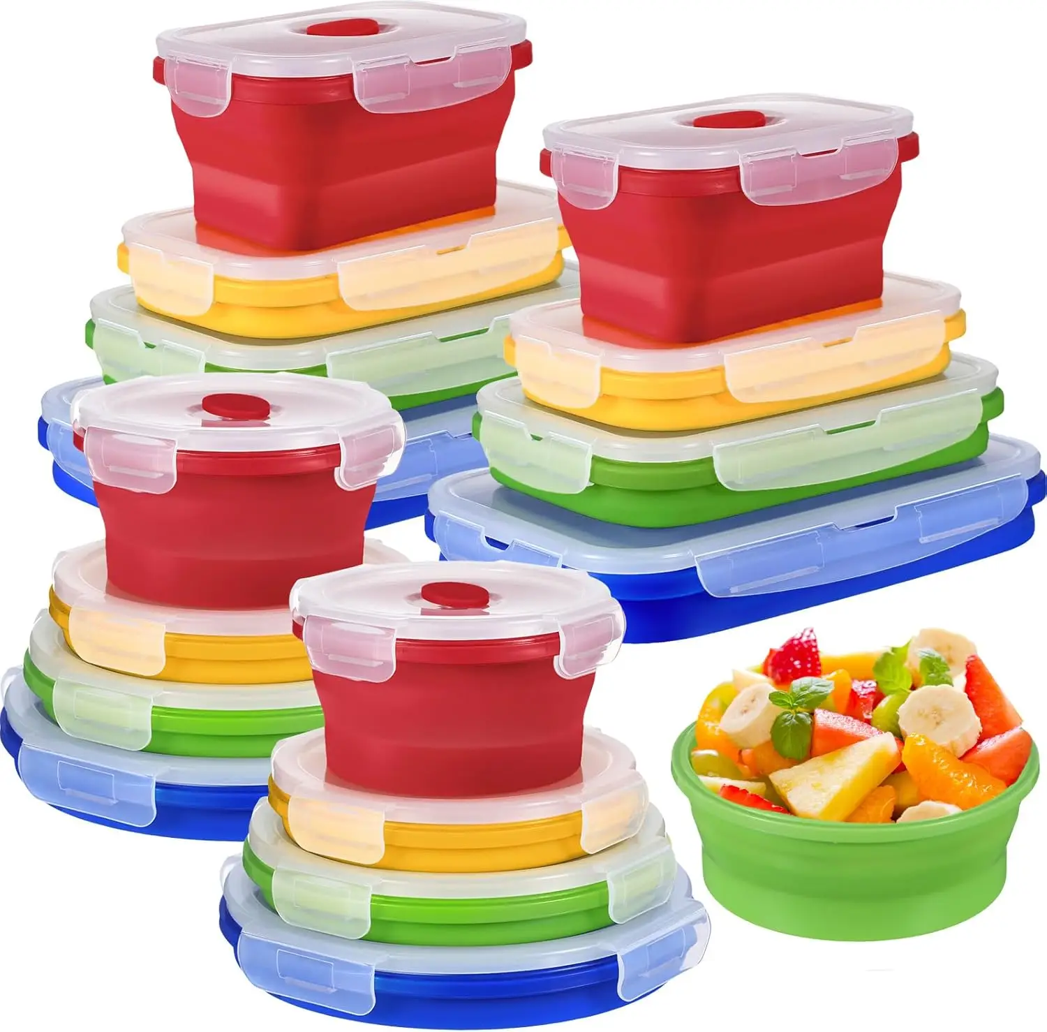 16 Pack Collapsible Food Storage Containers with Lid Foldable 8 Pcs Rectangle Storage Bowl and 8 Pcs Round Silicone Food Bow for