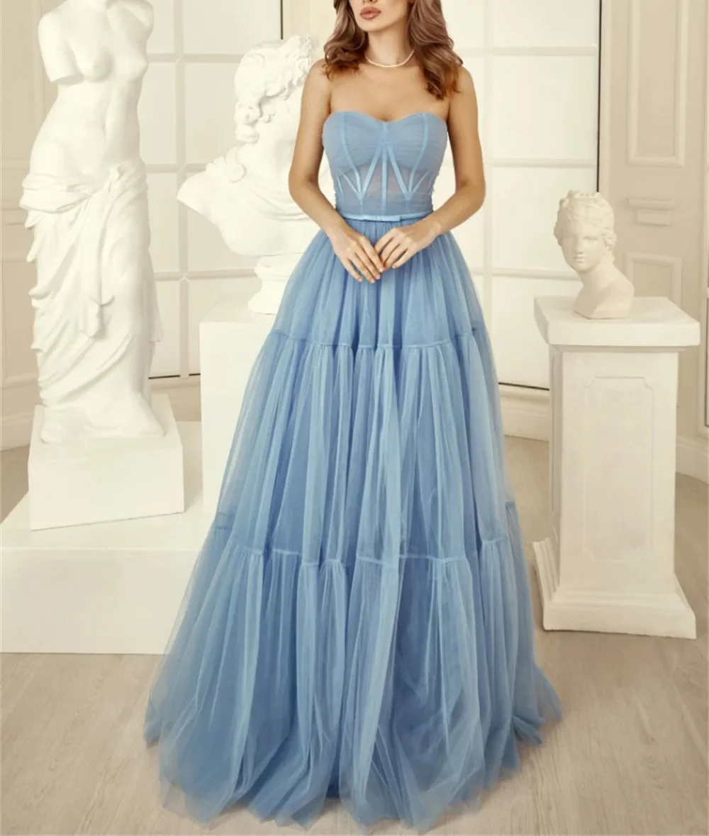 Sexy Sky Blue Long Tulle Sleeveless Dress A-Line V-Neck High Waist Split Evening Gown Customised