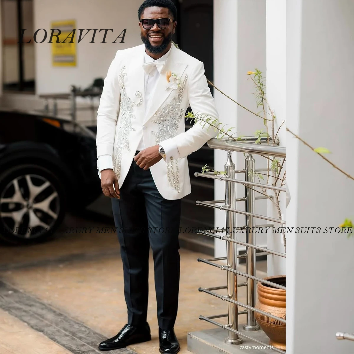 

Luxury Beaded Men Suits 2 Piece Sets Shawl Lapel Male Prom Blazer Groom Appliques Wedding Tuxedo Slim Fit Customized Ropa hombre