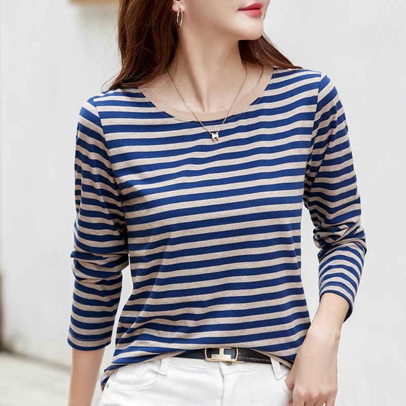 Korean Autumn Women’s Long Sleeve T-shirt Cotton New Fashion Knit Basic Stretch Stripped Tee Shirts For Women 2023