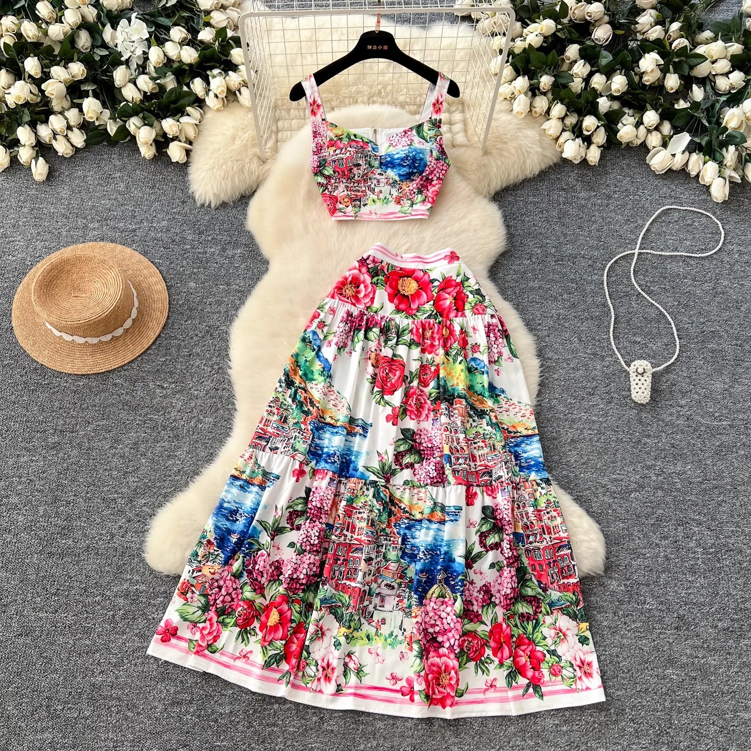 Summer Holiday Crop Tops Long Skirts Suits Women Two Piece Set Flower Print Bustier Corset Tops A Line Midi Skirts 2 pcs Outfits