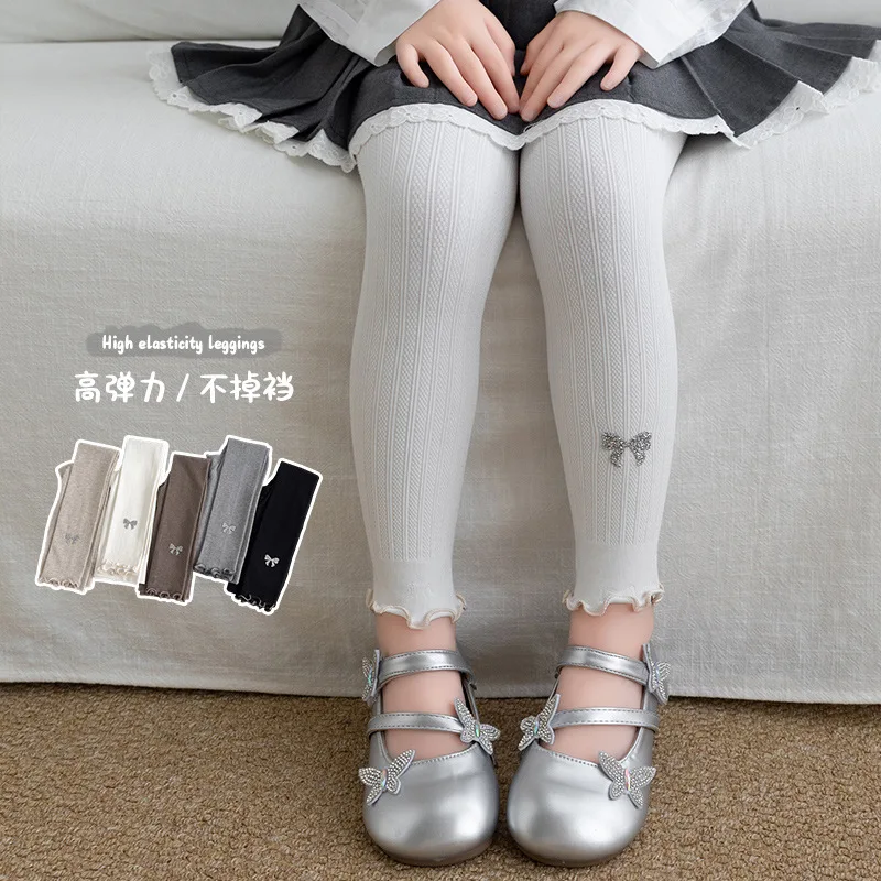 Cute Girls Spring Autumn Nine Points Pants Cable Twist Jacquard Pattern Shiny Rhinestone Bow Skin-Friendly Soft Elastic Leggings