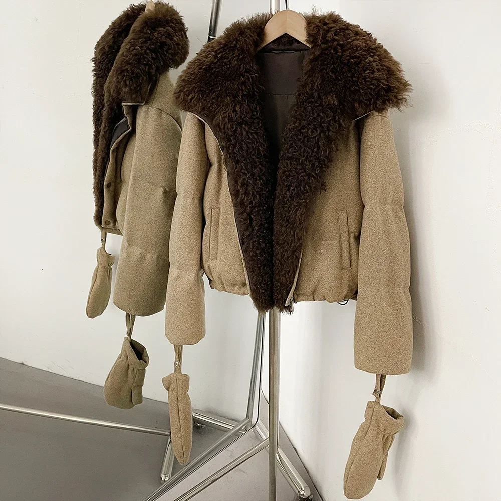 OFTBUY Winter Warmer Kurzer Puffer-Mantel mit Passenden Handschuhen, Wollmischung Daunenjacke mit Echtem Lammfell für Damen – Detail 16