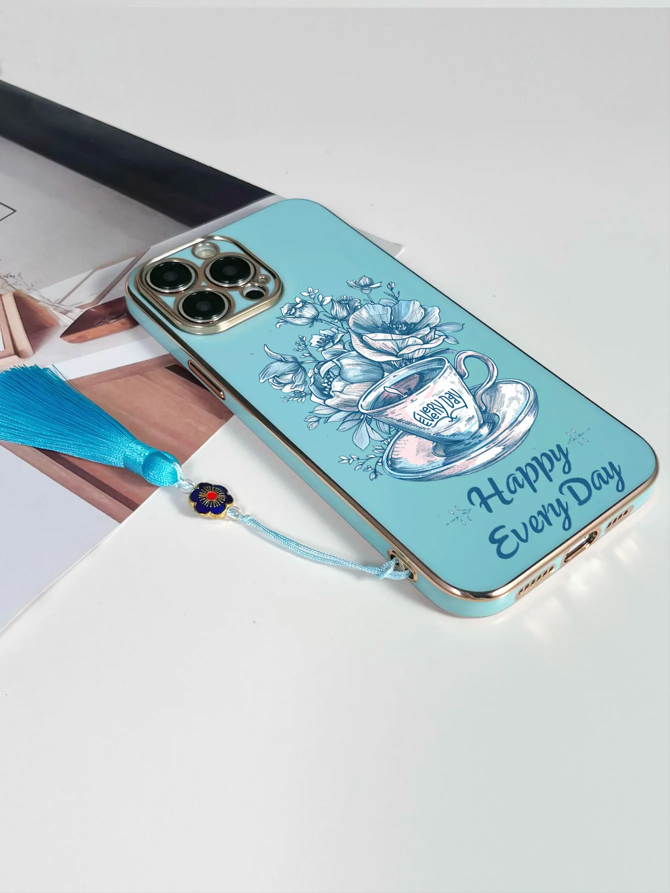 Luxo chapeamento xícara de café flor padrão borla cordão caso telefone para iphone 17 16 15 14 plus 13 12 11 pro max capa fundas