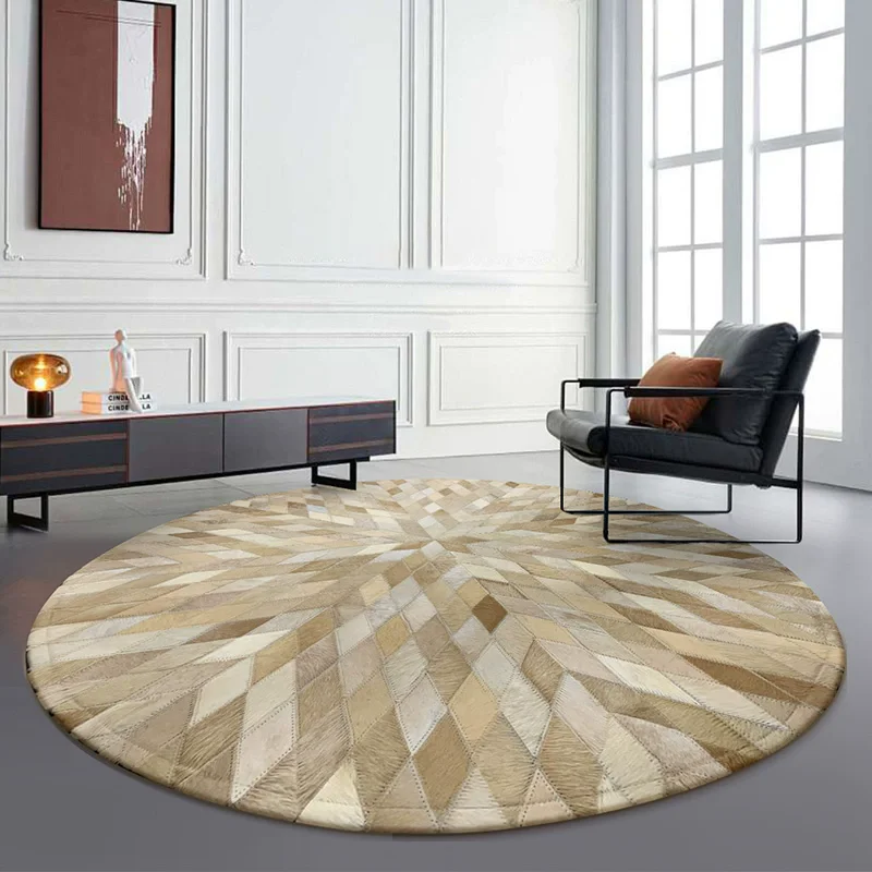 Geometric Cowhide Splicing Round Carpet For Living Room Handmade Piano Floor Mat Home Short Fur Rugs For Bedroom Chair Mats