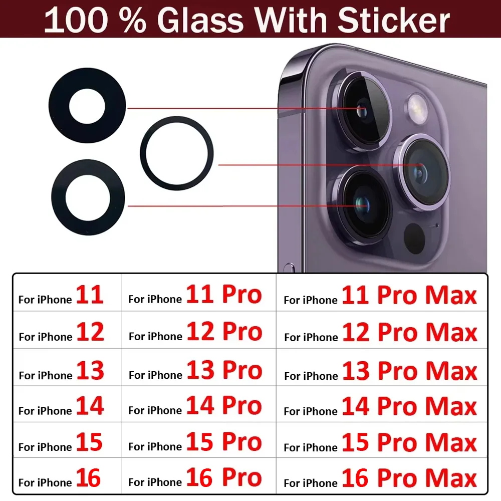 2Pcs/Lot, Back Rear Camera Glass Lens For iPhone 11 12 13 14 15 16 Pro Max Plus Mini With Adhesive