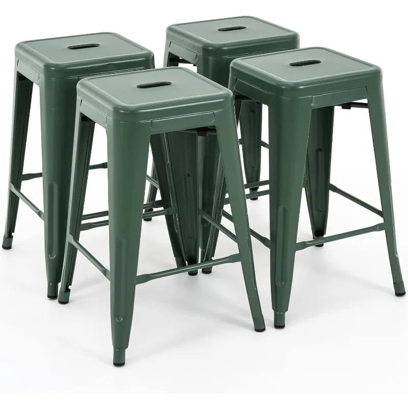 24 Inch Metal Bar Stools, Backless Counter Height Barstools, Indoor Outdoor Stackable Stools with Square Seat, Set of 4