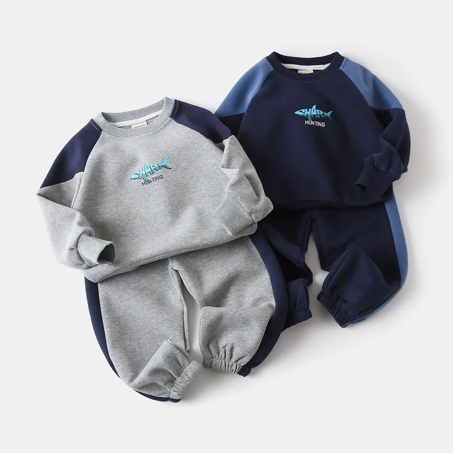 Autumn 1-6Yrs Boys 2PCS Tracksuit BELLBELL Children Boys Fish Print Spliced Sweatshirt Outfit Elastic Waist Kids Boy Jogger Pant