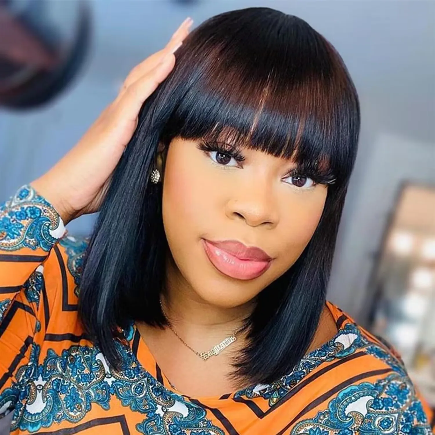 

Парики с прямой челкой 2X1 для женщин, короткие прямые парики-боб из бразильских волос с реалистичной имитацией кожи головы, 8-14 дюймов