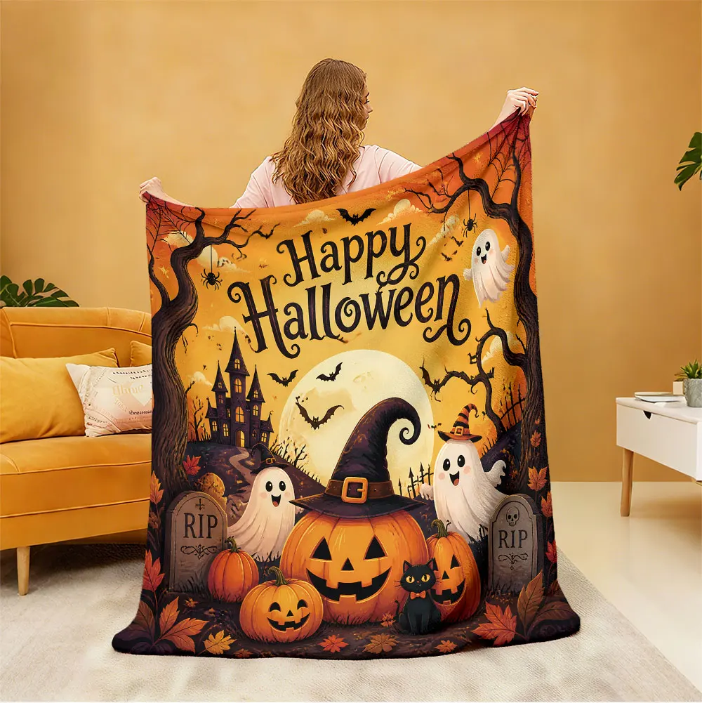 1pc Halloween Ghost Pumpkin Castle Happy Halloween Flannel Blanket Soft Cozy Sofa Nap Throw Blanket Holiday Festival Home Dec