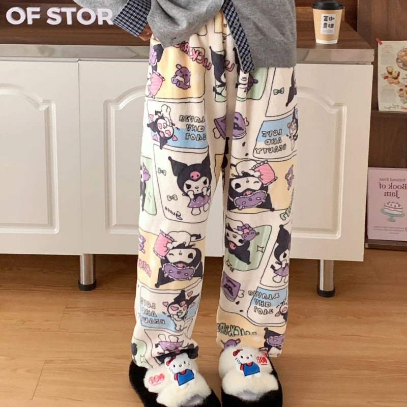 Sanrio Hello Kitty Pajamas Flannel Fashion Trousers Kawaii  Women Casual Home Pants Cartoon Warm Comfortable Pants