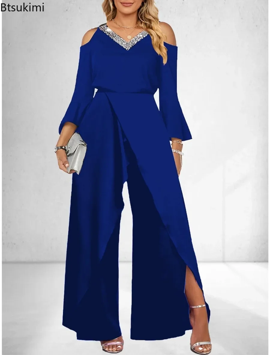 2025 Women's Summer One Piece Solid Casual High Waist Office Jumpsuit V Neck Wide Leg Long Pants Overalls Office Lady Rompers
