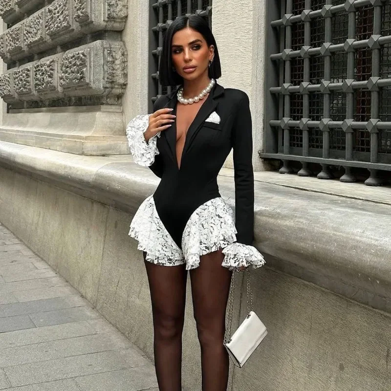 Mujer elegante encaje Patchwork Blazer mono con muescas cuello en V profundo acampanado manga larga Casual mamelucos fiesta Clubwear ropa de trabajo de oficina