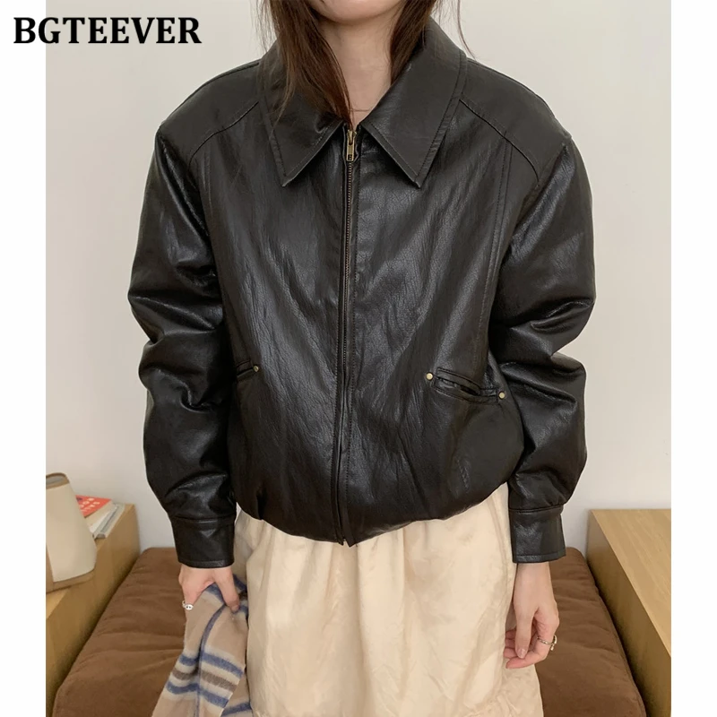

BGTEEVER Vintage Autumn Winter Warm Loose Lapel PU Leather Jackets for Women Casual Long Sleeve Pockets Ladies Zipper Up Coats