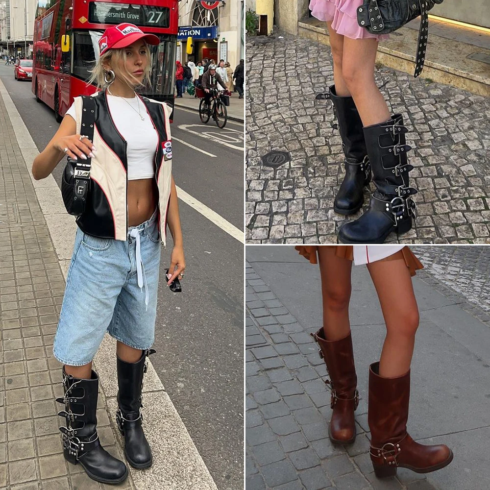 Luxury Brand Multi Buckle Tall Moto Boots Street Style Coolish Women Knee High Biker Boots 2024 Trend Fashion Motorcycle Shoes