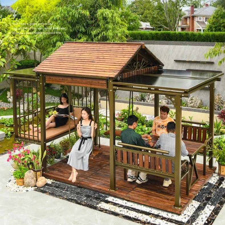 new design outdoor garden patio wooden gazebo polycarbonate awning canopy gazebo with light swing