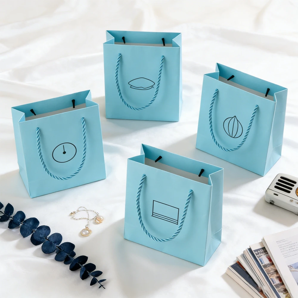 

Бумажный пакет-тоут с ручками, 14x12.5x6 см, синий, из крафт-бумаги, с индивидуальным логотипом, для покупок, хранения продуктов, подарочной упаковки