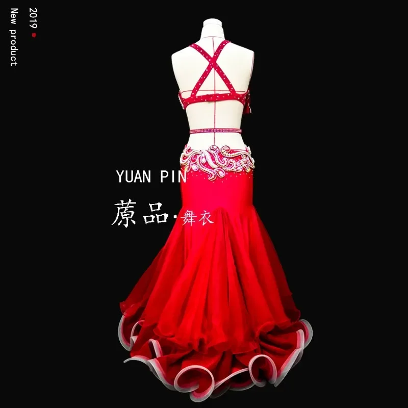 Customized Belly Dancewear Rhinestone Accessories Group Stage Suit Performance Costume Belly Dancing Bra Tassel Split Skirt Set