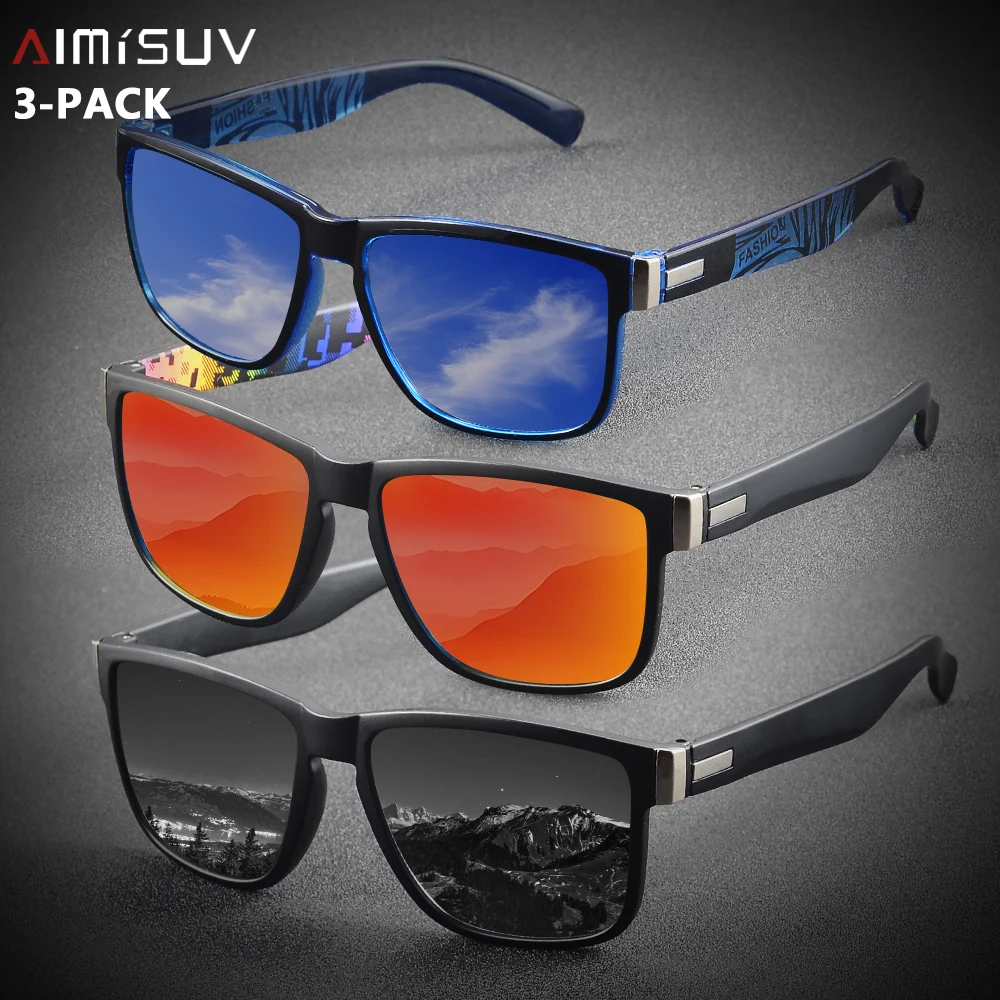 AIMISUV 3 Pieces Fashion Square Unisex Vintage Sunglasses for Men Women Driving Fishing Anti Glare Sun Glasses Male UV400