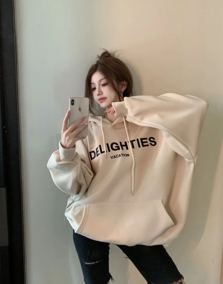 2025 신상 데이비드 후드티 가을/겨울 한국판 루즈핏 만능 후드 여성 플러시