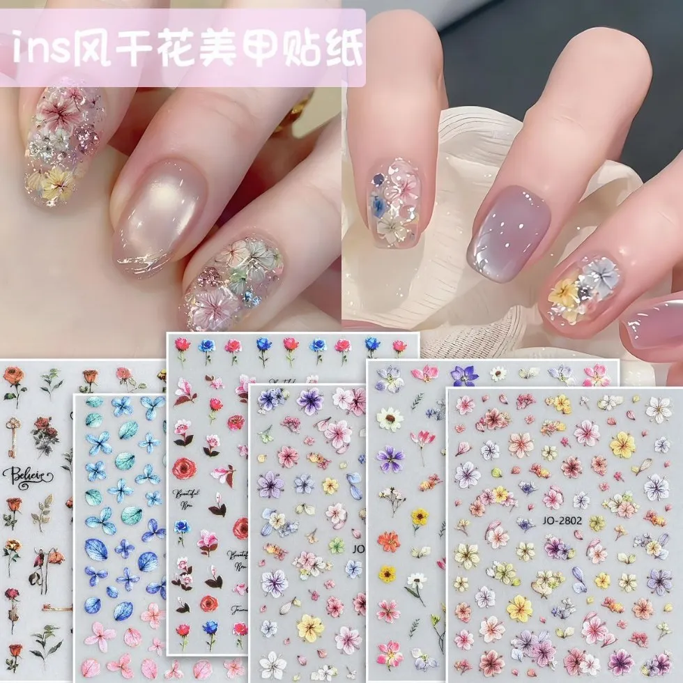 Nail Stickers Dried Floral Japanese Rose Rainbow Gradient Dopamine Style Ultra Thin Waterproof Self Adhesive for DIY Nail Art