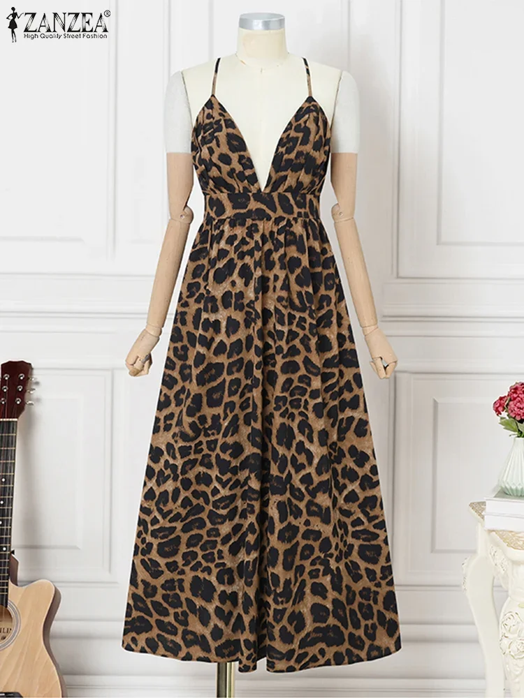 ZANZEA Sommer Böhmisches Langes Kleid Frauen Strap Halter Leopardenmuster Maxi Vestidos 2025, V-ausschnitt, Rückenfrei, Ärmellos, Party Sunrdess