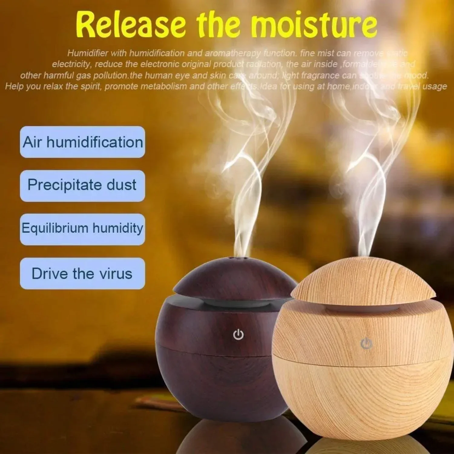 Enhance Your Bedroom Air Quality with Multi-Color Wooden Cool Mist Room Humidifier Diffuser - Improve Room Atmosphere and Sleep 