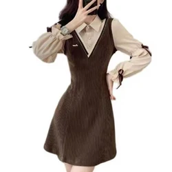 Autumn Winter New Fake Two Pieces Mini Dress Women Fashion Turn-down Collar Long Sleeve Dresses Elegant Bow Corduroy Vestidos