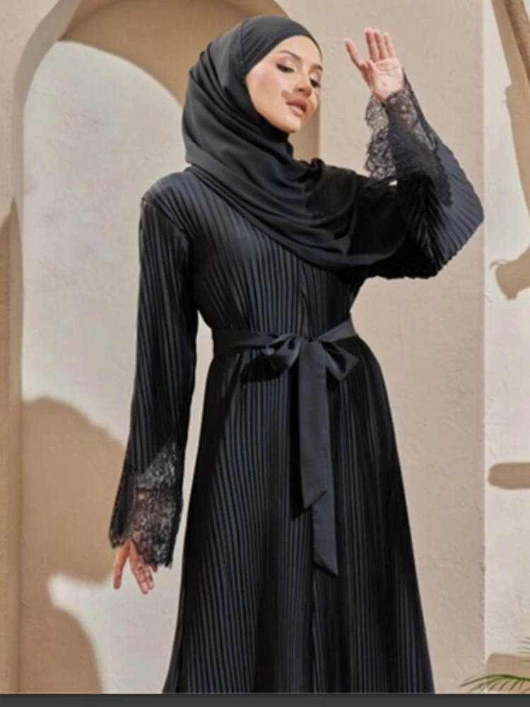 Turkey Muslim Lace Pleated Dress Women Abaya Ramadan Eid Mubarak Kaftan Dubai Vestidos Islam Pakistani Arab Abayas Caftan Robe