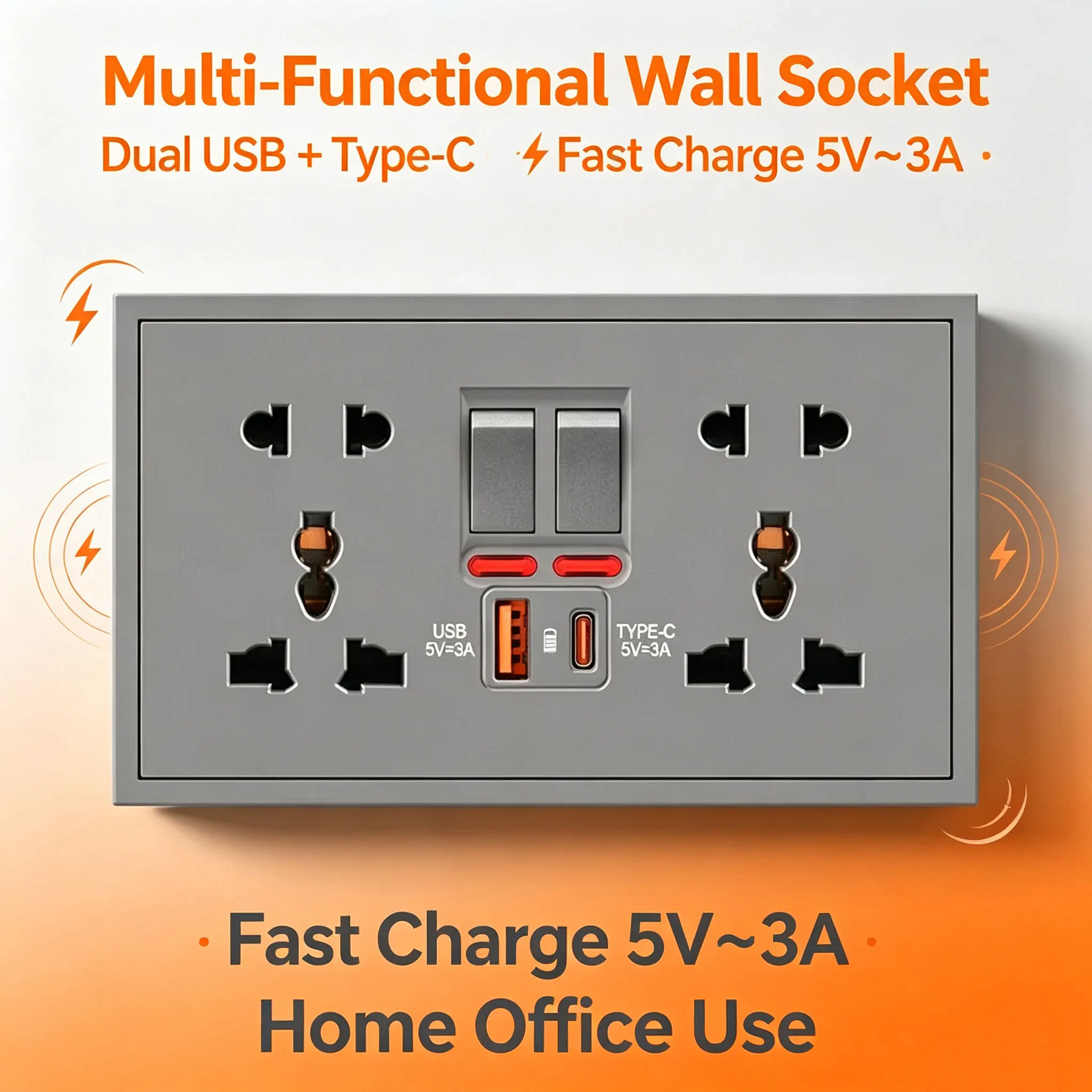 146 Type embedded 2Gang Multi-6/10 Hole Universal UK 13A Socket with Dual USB Type-C 15W 5V3A Fast Charging And Indicator Light