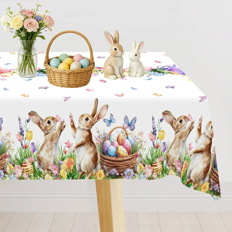 Oster-Tischdecke mit Hasen und Eiern, Frühlings-Blumenmuster und Schmetterlingen für Küche und Esstisch, Osterdekoration