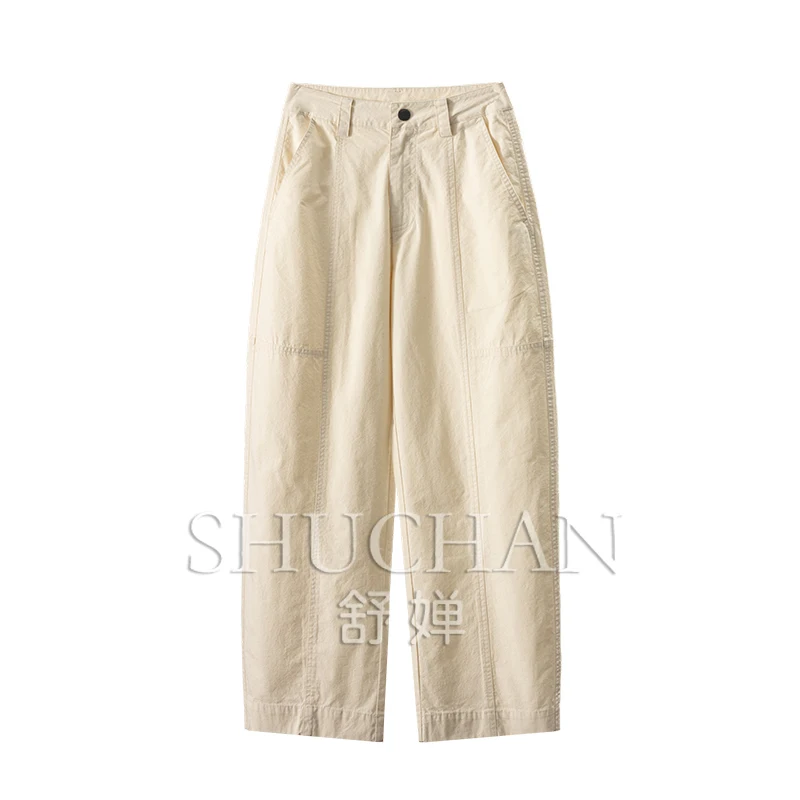 

Original Embryo Color, Early Autumn Silk Cotton Vertical Cutting Seam High Waist Sickle Banana Pants Women 01F5