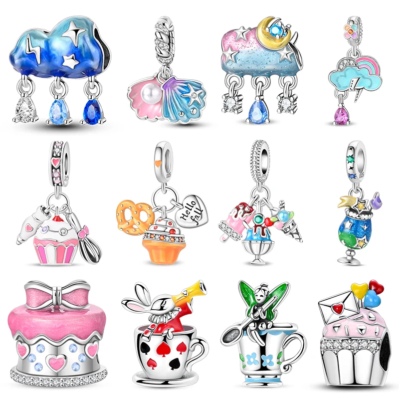 925 Sterling Silver Charm Blue Cloud Lightning Pendant CZ Zircon Cake Tea Cup Bead Fit Original Bracelet Women DIY Jewelry Gift