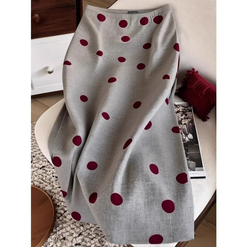 New Fashion Polka Dot Printed Skirt Women Autumn High Waist Elegant Office Lady A-Line Grey Skirts Midi Slim Jupe
