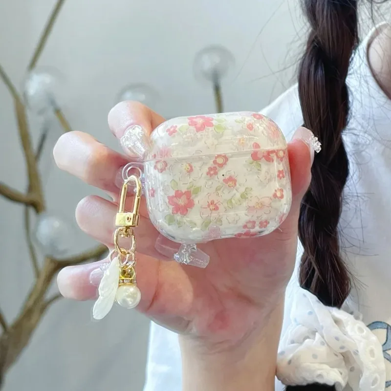 Custodia per auricolari con fiore rosa trasparente carino per AirPods 4 3 2 1 Custodia morbida in silicone per custodie per cuffie Apple AirPod Pro 2 con pendente