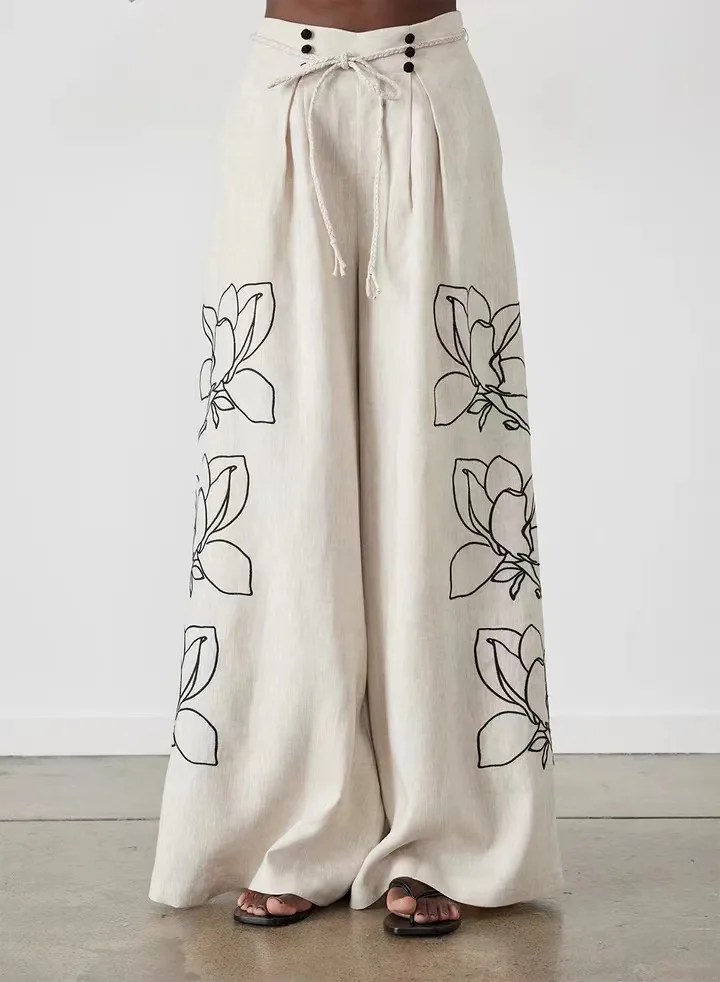 Women Sets Cotton Linen Stand Collar Lantern Sleeve Loose Flower Tops Wide Leg Oversize Pants Party Holiday Clothes