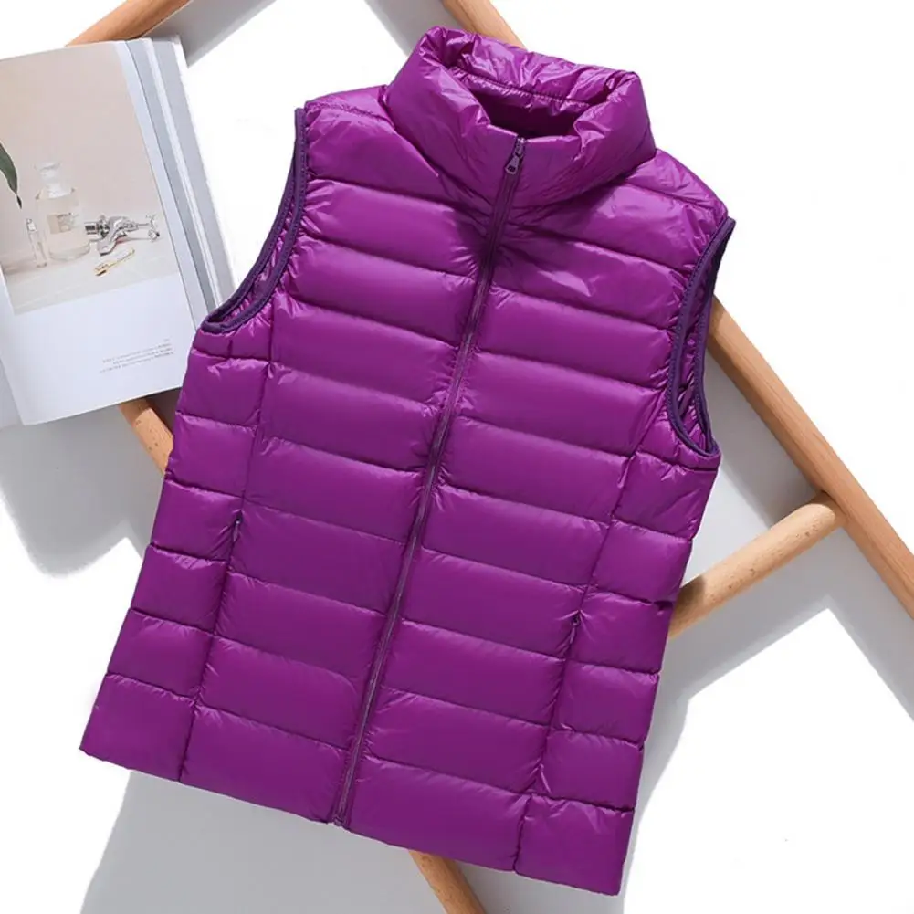 Colete estilo cotidiano feminino, colete acolchoado com fecho de zíper, gola, design à prova de vento, sem mangas para o calor, inverno