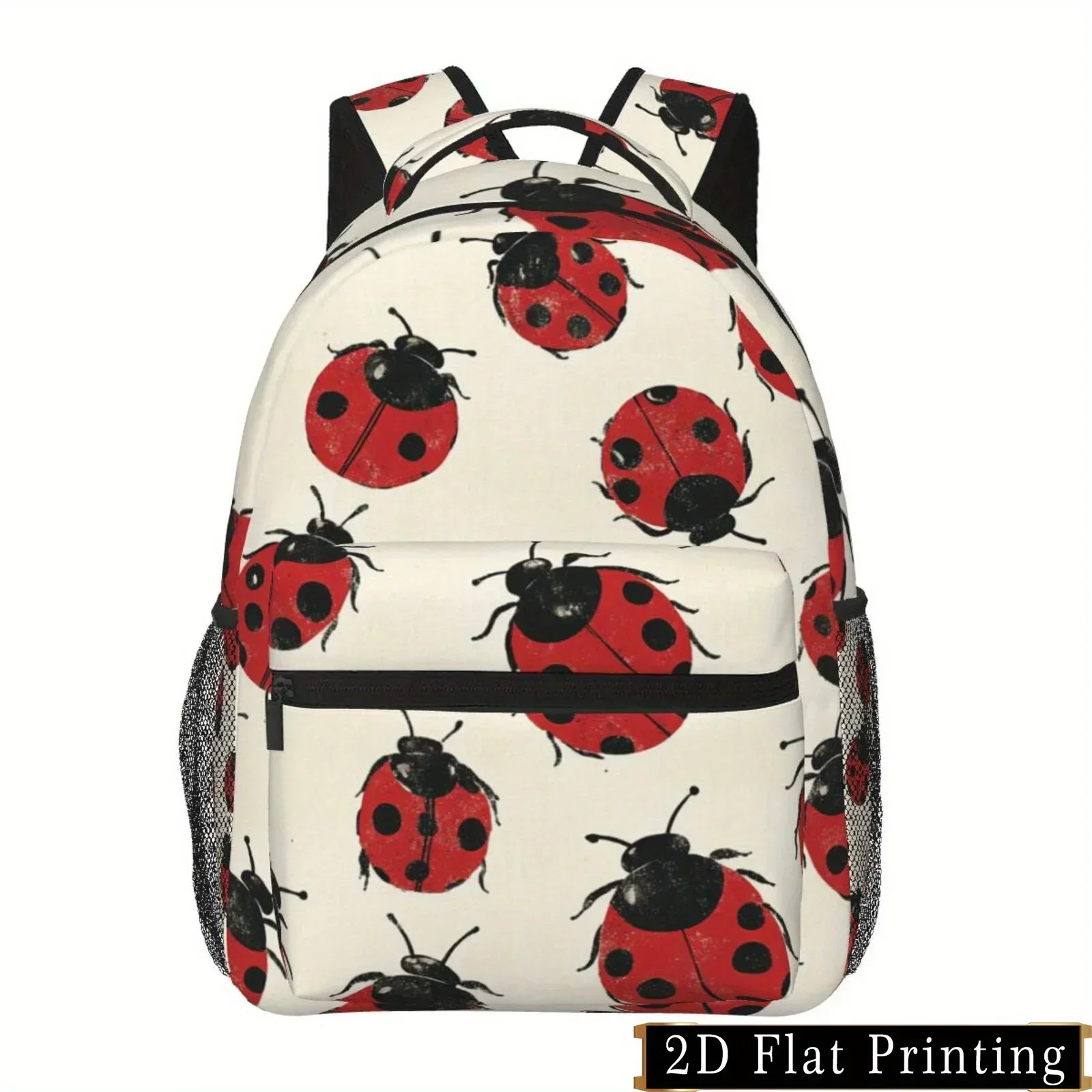 Custom 2D Flat Printing, Ladybug Print Backpack With Adjustable Straps, Multiple Compartments, Lightweight, Durable Fabric