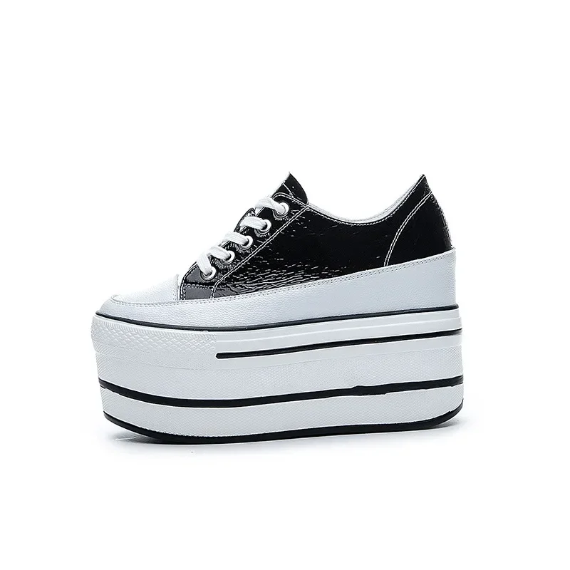 

Autumn Spring High Quality 12cm Synthetic Genuine Leather Ankle Boot Women Cowboy Platform Wedge High Brand Chunky Sneaker Shoes