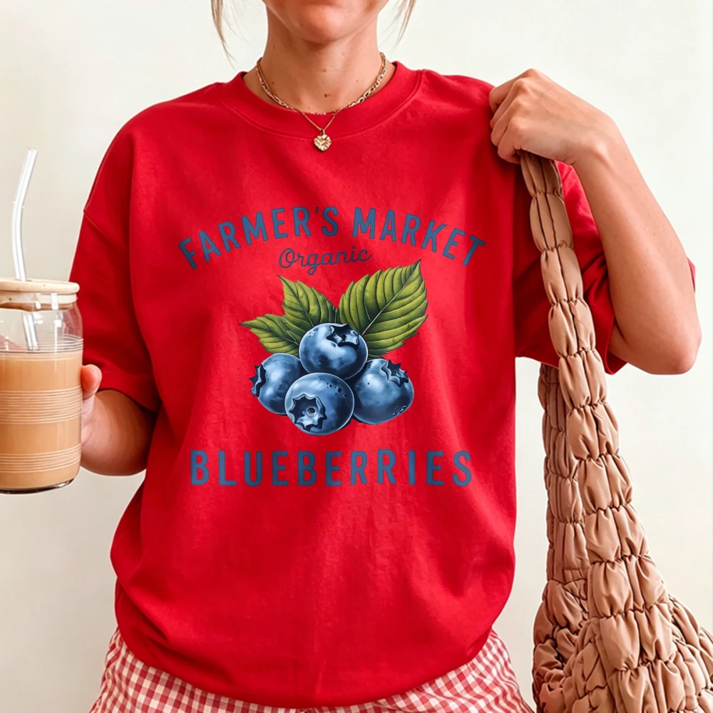 Farmers Market Organic Blueberry Leaf Vintage Letter Graphic T Shirt Cotton Retro Farm Fruit Print Cottagecore Countryside Tops