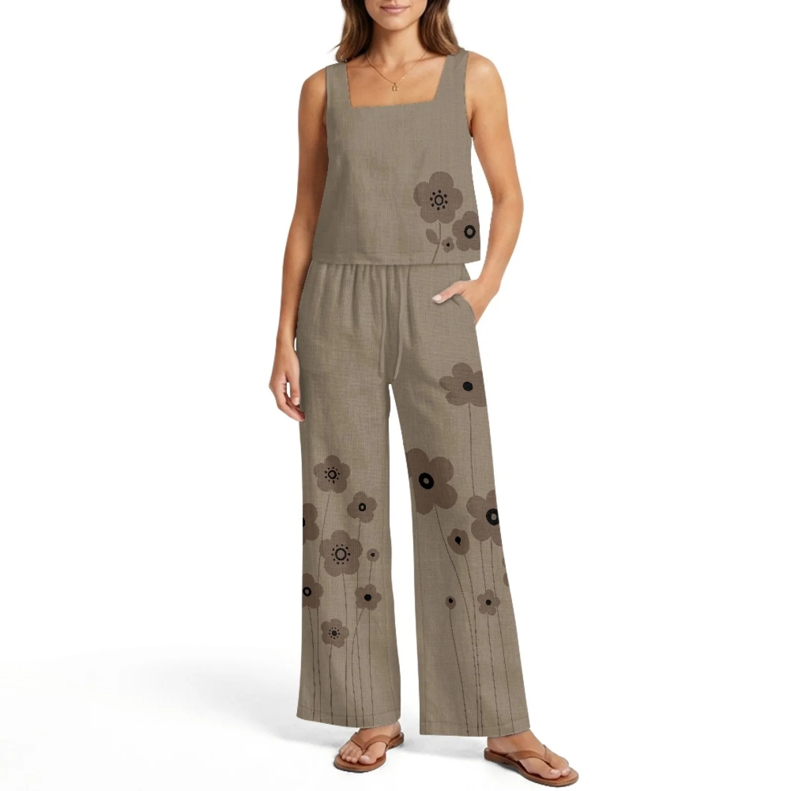 INSTANTARTS Women’s Linen Vest Set Women’s Wide-leg Trousers Lightweight Breathable Soft Comfortable Quick-dry Outfit Flower view 4
